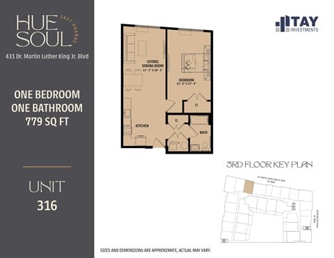 Floor plan for 1 bed, 1 bath, 779 sqft